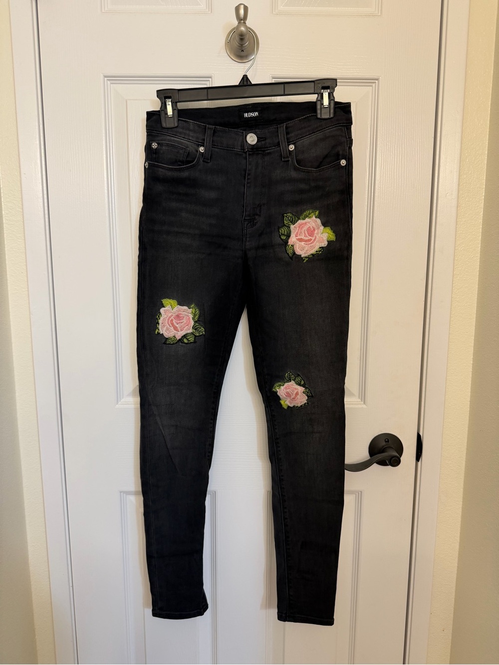 Hudson Jeans Faded Black Skinny Jeans with Pink Rose Patches